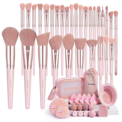 MAANGE 30pcs Professional Makeup Brush Set With Velvet Bag&5pcs Beauty Blender&2pcs Makeup Remover Puff&5pcs Triangle Powder Puff&3pcs Mini Thumb Puff&Toiletry Bag&2pcs Cleaning Mat (Blacksliver)