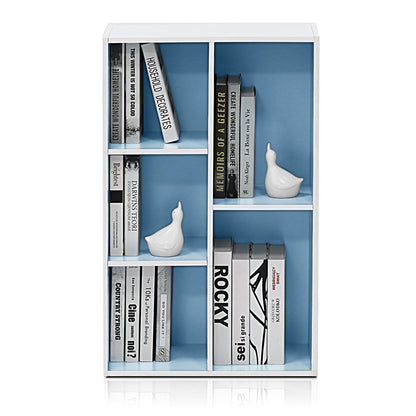 Furinno LUDER Book Shelf, 5-Cube Bookshelf, Reversible Bookcase, 9.4 x 19.5 x 31.5, Easy Assembly, for Living Room, Bedroom, Home Office, White/Light Blue