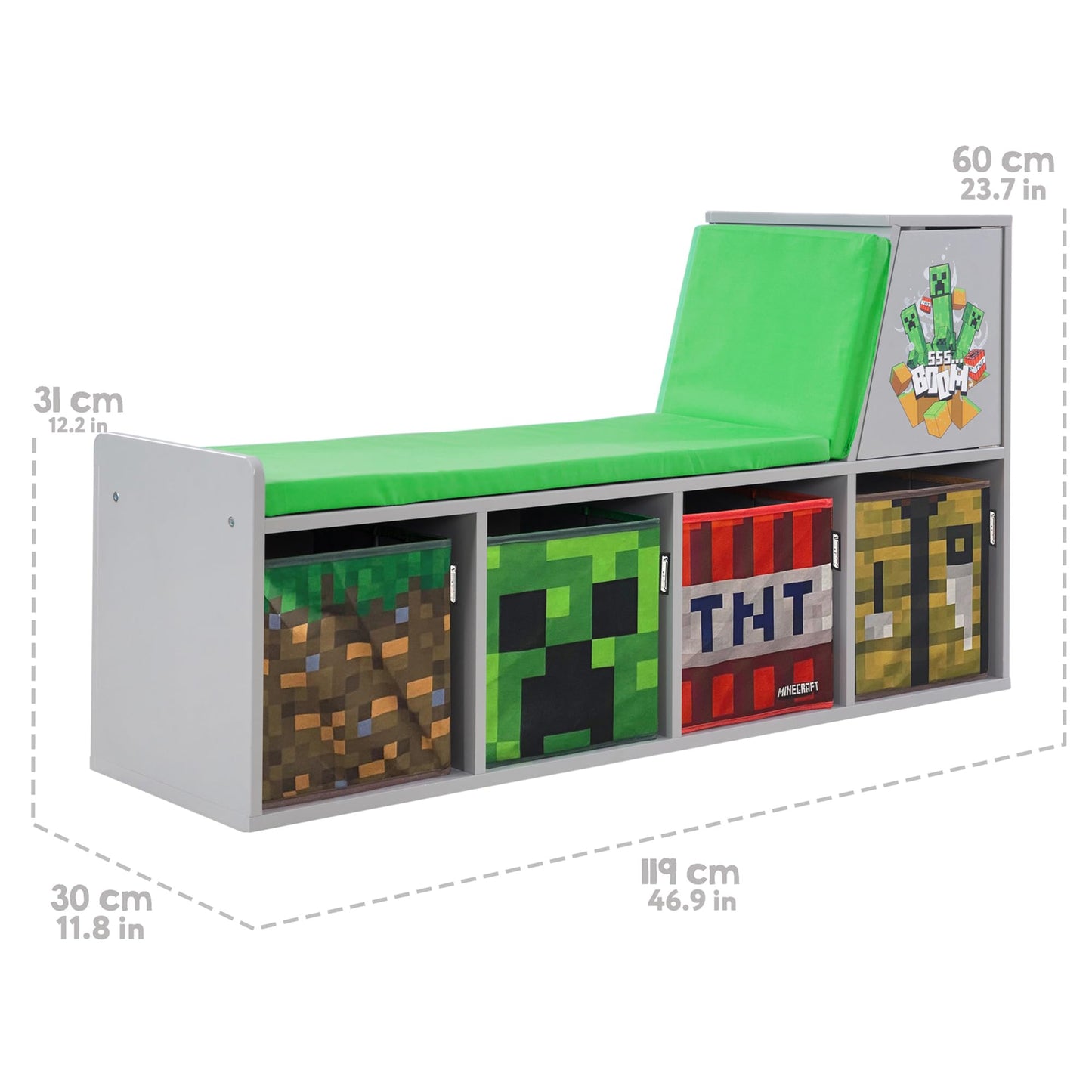 Minecraft: Storage Bench - Wooden Storage w/Cushioned Reading Shelf, 4 Themed Storage Cubes, Seating & Organization In 1, Game Theme Décor, Licensed
