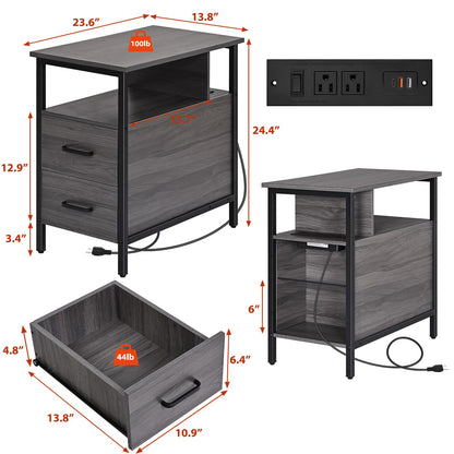 Livofloral Side Table, End Tables with Charging Station, Narrow End Table with Wooden Drawers, USB Ports and Power Outlets, Nightstand and Bedside Table, End Table Living Room, Bedroom, Dark Grey