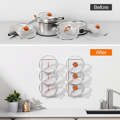 Durmmur 2 Pack Pot Lid Organizer Rack, 6-Tier Pot Lids Holder for Cabinet Door/Wall, No Drilling Adhesive Wall/Door Mounted Rustproof Pot and Pan Cover for Kitchen Storage, White