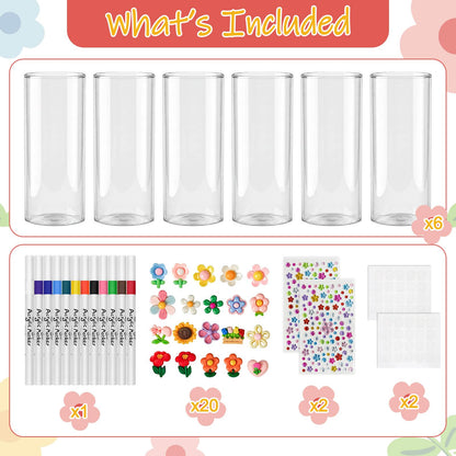 Cinrobiye 6 Set DIY Glass Vase Craft Kit, Clear Glass Flower Vase Painting Set with Decorative Flowers, Stickers and Pens for Home Decor, Creative Art Projects and Table Decoration
