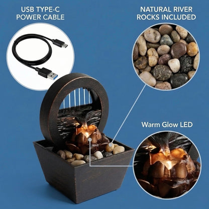 USB Tabletop Water Fountain with Warm Yellow LED – Compact Indoor Fountain with Real River Stones – Quiet Desktop Waterfall for Office, Bedroom, Yoga, Meditation – Bronze