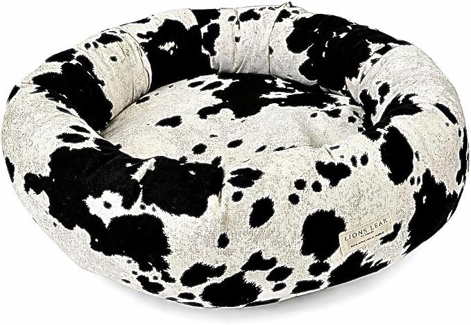 Round Dog Bed – Natural Canvas, Removable Washable Cover, Raw Cotton or Latex Fill, Hypoallergenic Non-Toxic, Made in USA (Cow Print Black White, Small, Firm Support – Raw Cotton)