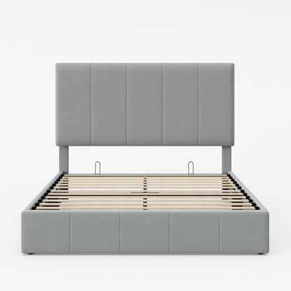 Allewie Queen Size Velvet Lift Up Storage Bed Frame, Vertical Channel Tufted Headboard, Hydrualic Underneath Storage, Upholstered Platform Bed, Wooden Slats Support, No Box Spring Needed, Gray