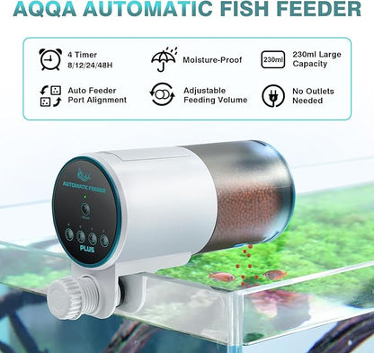 AQQA Automatic Fish Feeder for Aquarium - Auto Fish Food Dispenser with 8/12/24/48H Timer, 230 ML Large Capacity Vacation Tank Feeder for Turtle Betta Goldfish, Feeding Port Automatic Alignment