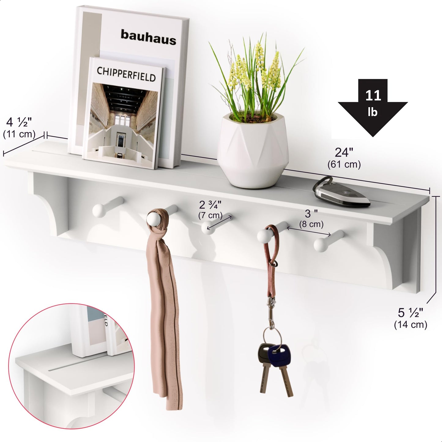 Ballucci Floating Coat and Hat Wall Shelf Rack, 5 Pegs Hook, 24", White