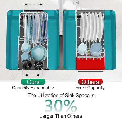 GSlife Small Sink Dish Drying Rack with Cup Holder - Expandable Stainless Steel Compact Dish Drainer for RV, Camper, Kitchen, Dish Strainer with Locking Knob, Fit Sink 11.9"-16.7" L, Silver