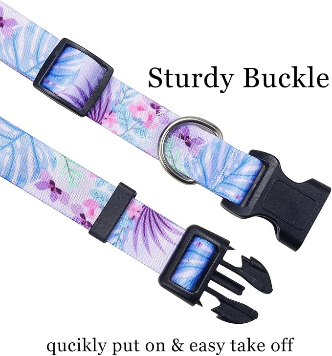 Mihqy Dog Collar and Leash Set with Bohemia Floral Tribal Geometric Patterns - Soft Ethnic Style Collar Adjustable for Small Medium Large Dogs(Purple Flower Flower Set,M)