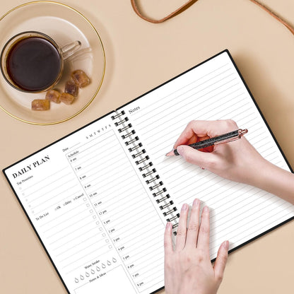 Daily Planner Undated - A5 To Do List Notebook Hourly Schedules, Spiral Appointment Planner for Women and Men, PVC Hardcover, Inner Pocket, Elastic Closure, 5.8" x 8.3", Black