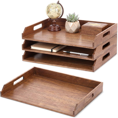 AceOrbit 3 Pcs Stackable Paper Tray Acacia Wood Desk Organizer Letter Tray 3 Tier Wooden File Organizer Desk Shelf for Documents, Letter Sorter, Envelopes and Magazine Holder