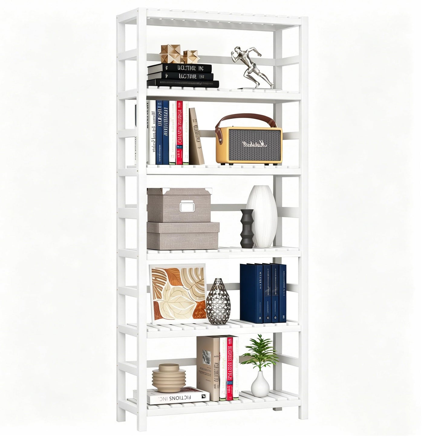 VASMIA 6-Tier Bamboo Shelf,Bamboo Storage Shelving Unit,Tall Bookcase with Adjustable Shelves,Multipurpose Storage Display Shelf for Bathroom, Living Room, Balcony, Kitchen,White