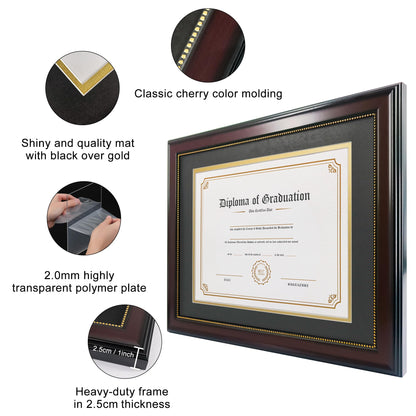 GraduatePro 8.5x11 Diploma Frame with Black Over Gold Mat or Display 11x14 Document without Mat, CPA License Frame, UV Protection Acrylic, Mahogany with Gold Beads