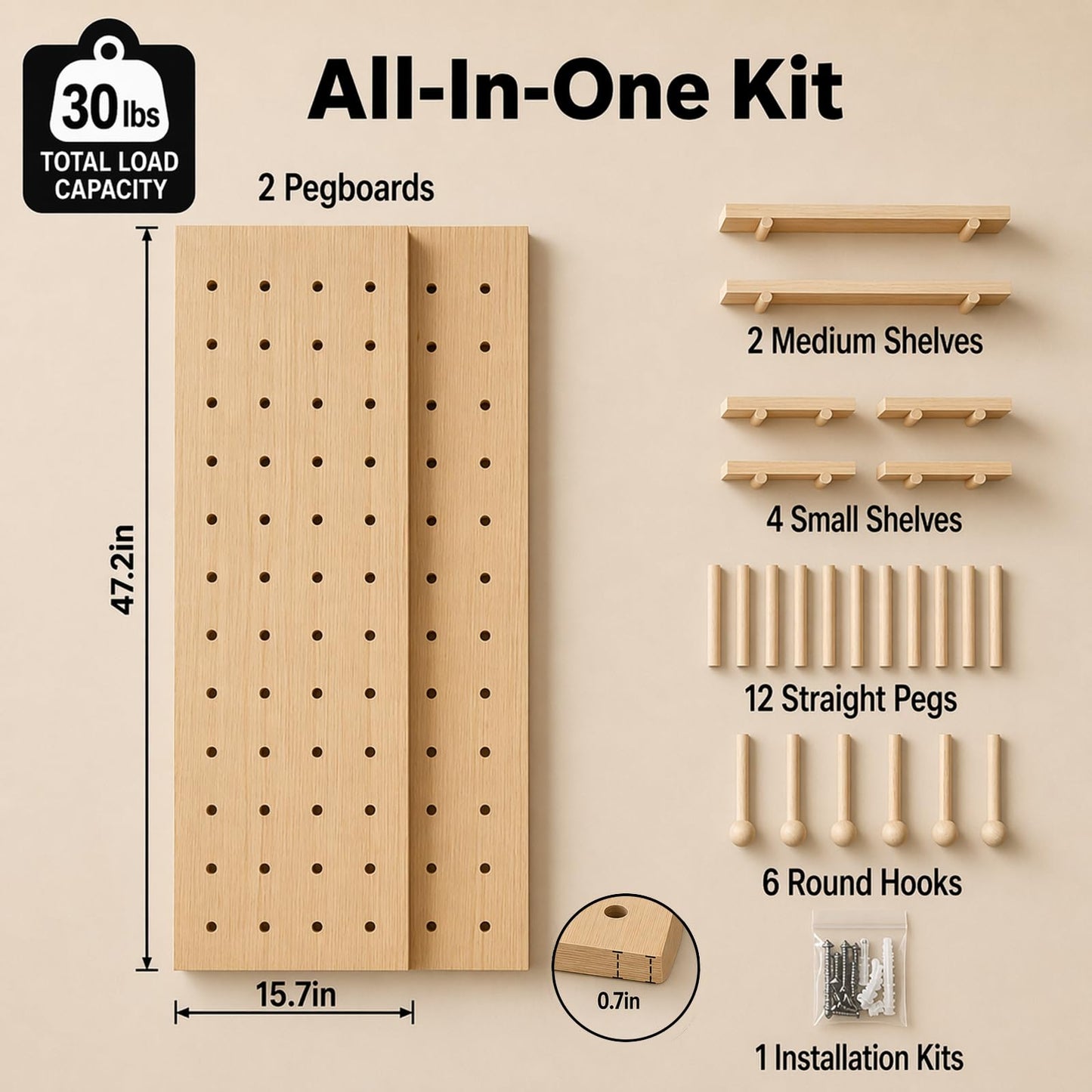 Lumiterra Large Wood Pegboard Wall Organizer - Heavy Duty 2-Panel Wooden Peg Board Kit with Shelves, Modular Wall Storage Display for Craft Room, Office, Bedroom