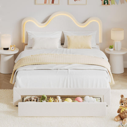 GarveeHome Full Bed Frame with Adjustable Headboard and Storage Drawer, Boucle Upholstered Platform Bed with LED Light for Kids, Lamb Fleece Fabric, Wooden Slats Support, No Box Spring Needed, White