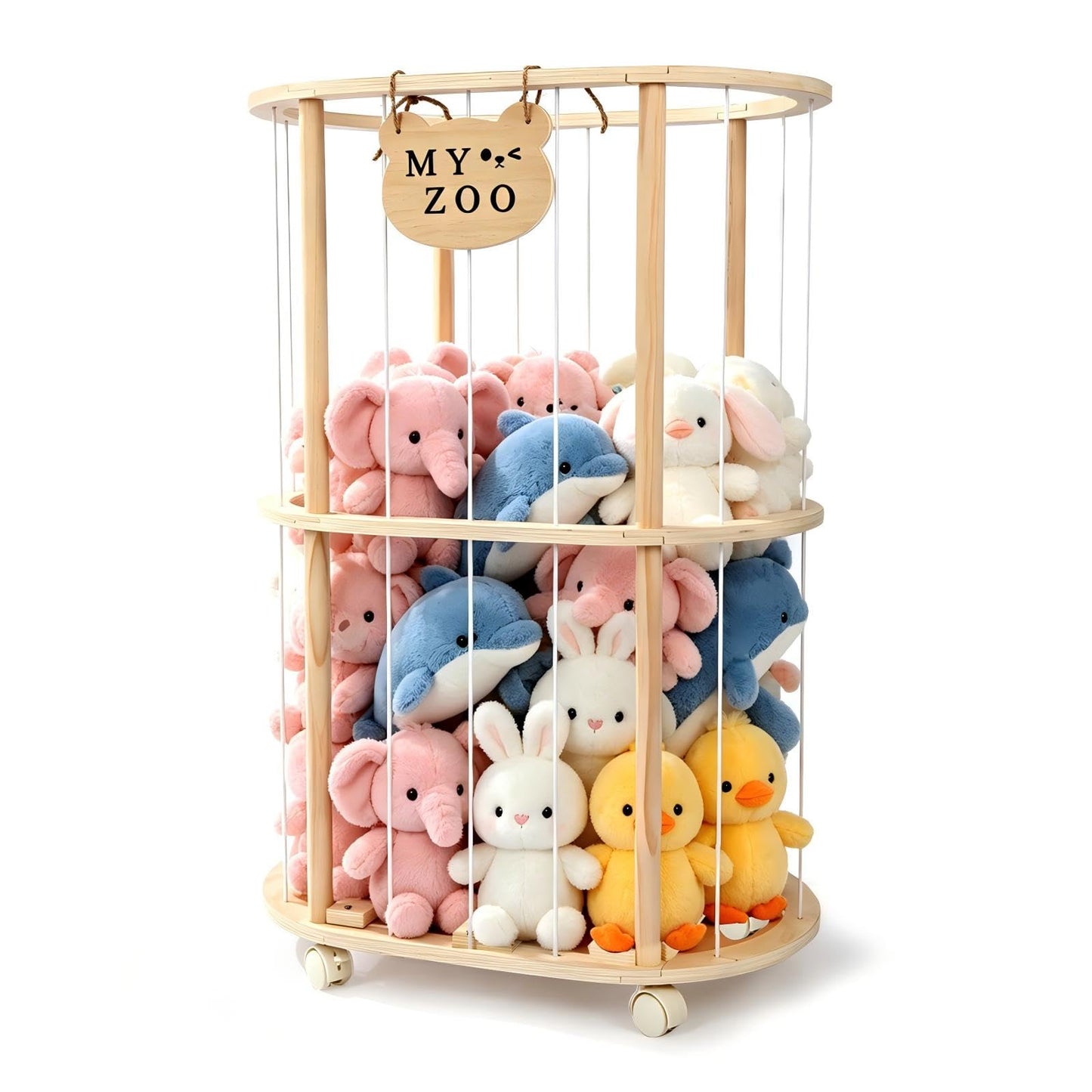 Singda Stuffed Animal Storage, Wooden Zoo Stuffed Animal Holder with Wheels & Elastic Bands, Space Save Toy Storage Organizer with Extra-Thick Base for Kids' Room, Playroom, Nursery - 37"