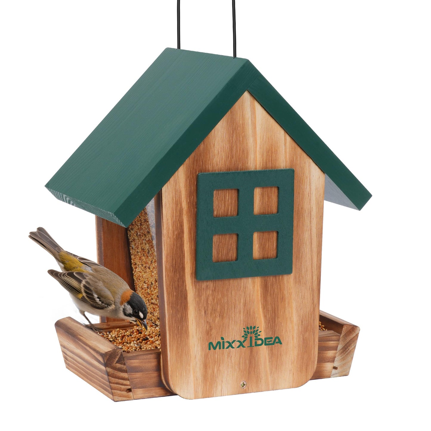MIXXIDEA Bird Feeder for Outdoors Hanging, Wooden Bird Feeder House with Weatherproof Roof & Metal Tray, Attracting Wild Birds for Outside, Yard, Garden Decoration, Green