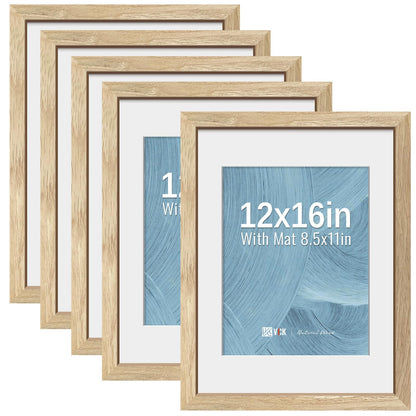VCK 12x16 Picture Frame 5 Pack - Natural Wood Grain, High-End Wood Poster Frames with Tempered Glass, Display 8.5x11 Photo with Mat or 12x16 without Mat, Art Gallery-Quality, Wall Hanging, Natural