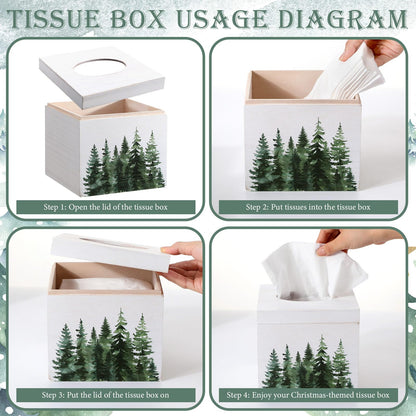 Yalikop 2 Pcs Christmas Tissue Boxes Cover 6 Inch Christmas Winter Holiday Xmas Pine Trees Square Tissue Case Cover Holder T for Square Wooden Decorative for Home Living Room Bathroom Office Decor