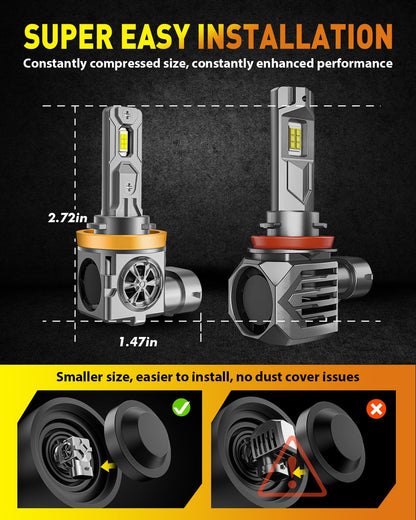 Termitor H11 9005 LED Bulbs Combo, 80000LM Brightness, 6500K White, Mini Size, Plug and Play, Pack of 4