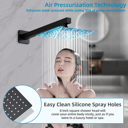 Matte Black Faucet Set Shower Head with Tub Spout and Handle System Square Wall Mount for Bathroom