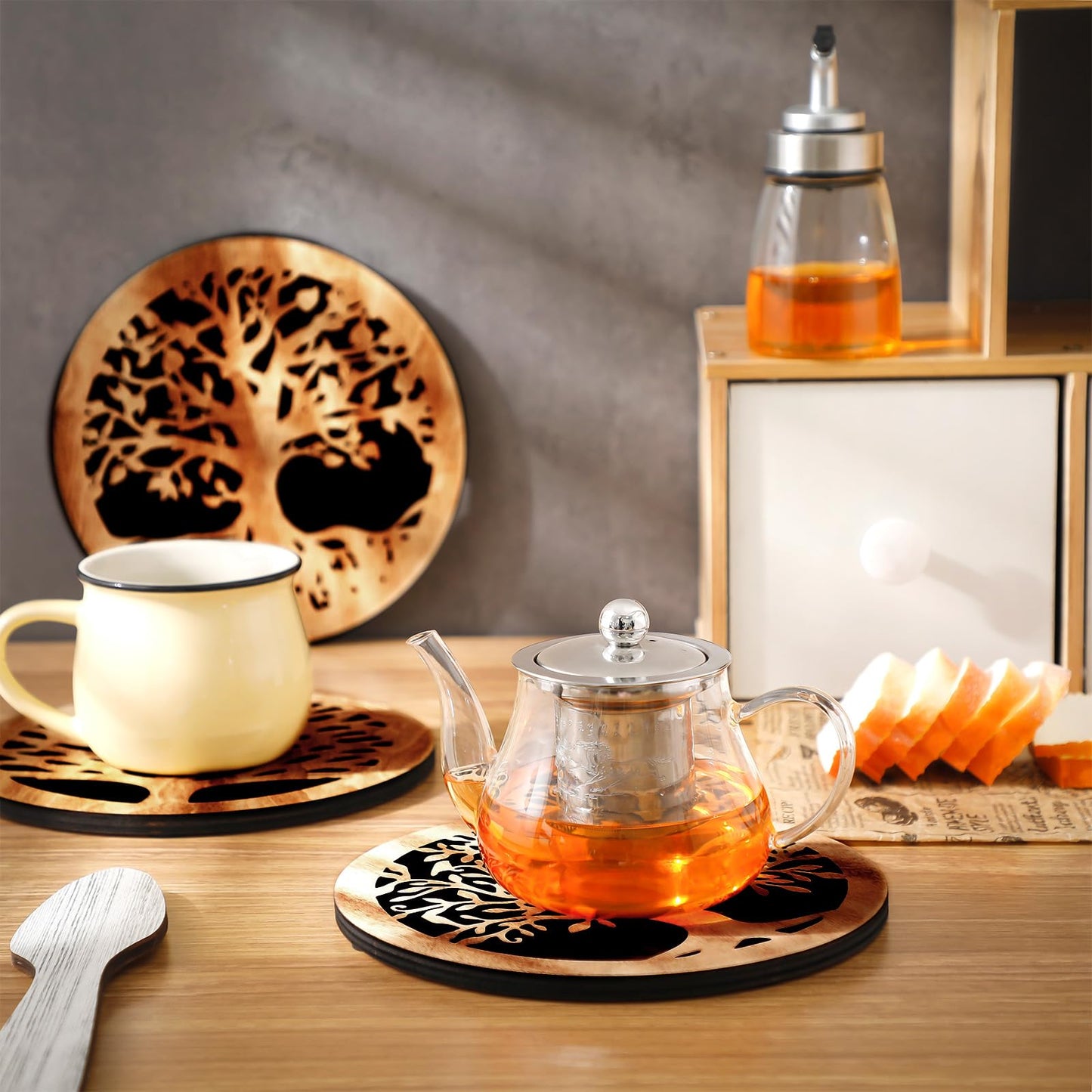 Beeveer 3 Pcs Life Tree Wooden Trivets for Hot Dishes 8 Rustic Round Tree Trivet Set Hot Plate Holders Heat Resistant Polite Trees Coasters for Table Dishes Pots and Pans(Light Wood Color)