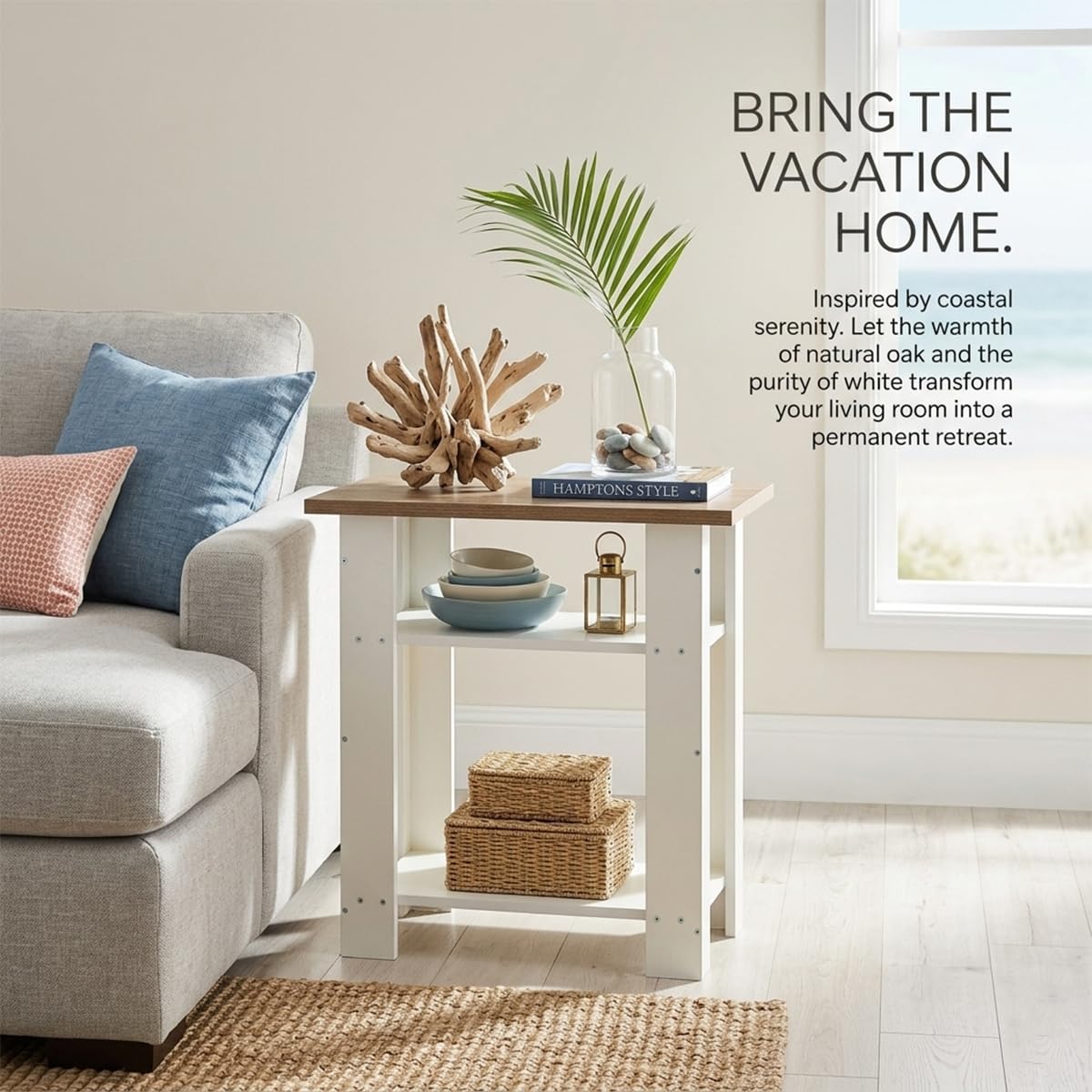 ZEXVIDA White Side Table with Oak Top, 3 Tier Modern Farmhouse End Table, Narrow White Nightstand for Bedroom, Nursery, Living Room, Coastal Small Bedside Table with Storage Shelves, 22.8" H