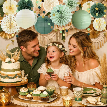 Boho Paper Decorations Set, Sage Green Party Decorations Set, Boho Neutral Baby Shower Decor, Paper Pom Poms Lanterns Honeycomb Balls Hanging Star Garland for Birthday Baby Shower Wedding Tea Party