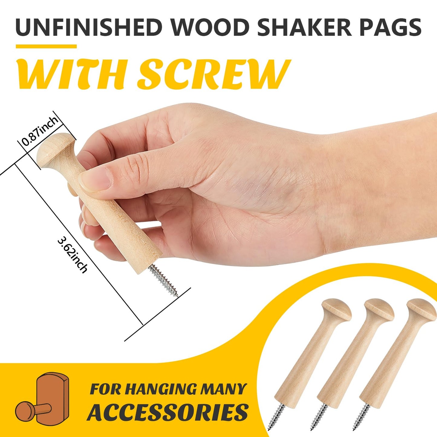 50 Pieces Wooden Shaker Peg Screw-on Pegs 3.62 Inch Long Unfinished Wood Shaker Racks for Hanging Clothes Hats Towel and More DIY Paint Color (Wood Color)
