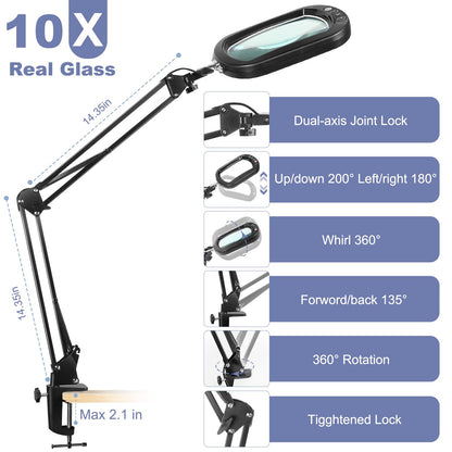 10X Large Magnifying Glass with Light and Clamp, Real Glass, 5 Color Modes, Stepless Dimmable, Lighted Magnifier with Stand Hands Free, LED Swing Arm Desk Lamp for Close Work, Craft, Reading, Painting