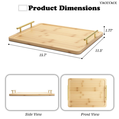 YACEYACE Serving Tray with Handles, 15"x11.4"x1.75" Large Bamboo Serving Tray for Ottoman Coffee Table, Home Decor Trays for Breakfast,Bathroom,Drink