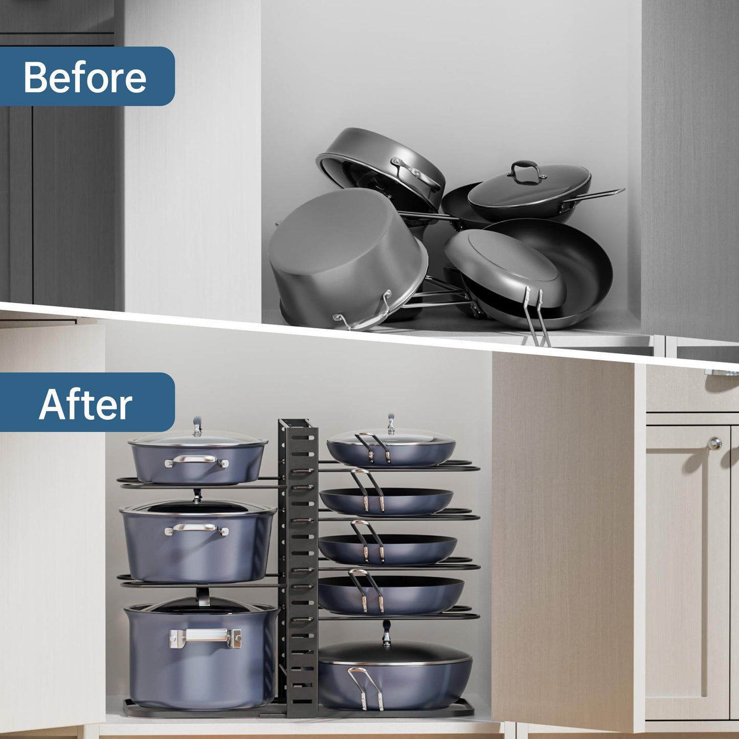 ORDORA Pots and Pans Organizer for Cabinet 16.61'' Height, 8 Tier Pot Organizers Rack with 3 DIY Methods, Adjustable Pan Organizer under Cabinet Kitchen Organization and Storage