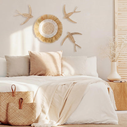 Chumia 4 Pcs Boho Wall Basket Decor Bohemia Woven Wicker Bird and Raffia Sun Jute Decor Boho Handmade Hanging Wall Art Rustic Jute Home Wicker for Indoor Bedroom Living Room Wedding Housewarming Gift