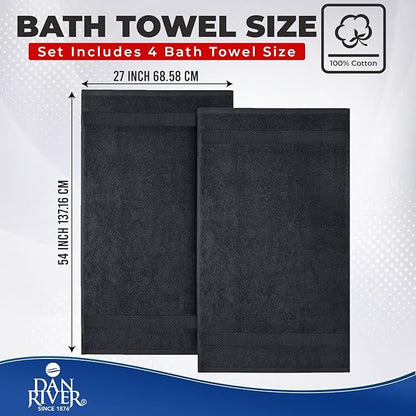 DAN RIVER Bath Towels Set of 4, 27 x 54 Inches, 100% Cotton, Larger & Lighter