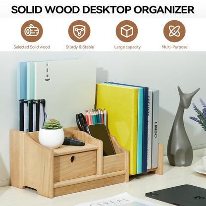 KIRIGEN Desktop Bookshelf Organizer with Drawer, Expandable Wood Desk Shelf, Fully Assembled Book Rack for Office Supplies, Files and Notebooks, Brown, 12.24 to 22.7 in Adjustable Width, SSSJ-S-NA