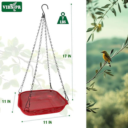 Hanging Bird Feeder for Outdoors – 11 in Square Metal Mesh Bird Feeder Tray Platform for Wild Birds, Red