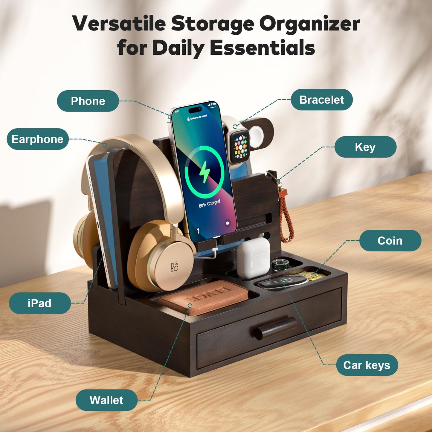 Sephyroth Rustic Wooden Phone Stand Organizer with Drawer Storage, Brown