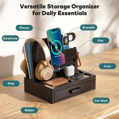 Sephyroth Rustic Wooden Phone Stand Organizer with Drawer Storage, Brown