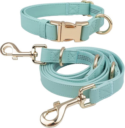 Leather Dog Collar and Leash Set 7FT Reflective at Night - Soft and Easy to Clean Vegan Leather with Gold Metal Buckle for Small Medium Large Dogs (S, Sea Green)