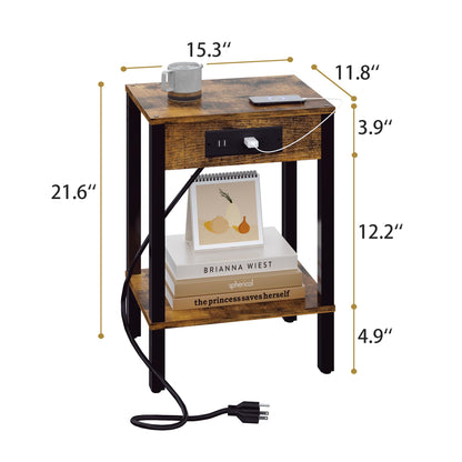 End Table with Charging Station, 2-Tier Nightstand with Storage Shelf,Modern Side Table,Bedside Table for Small Space in Living Room, Bedroom, Sofa Couch and Balcony, Rustic Brown MLBZ14RE