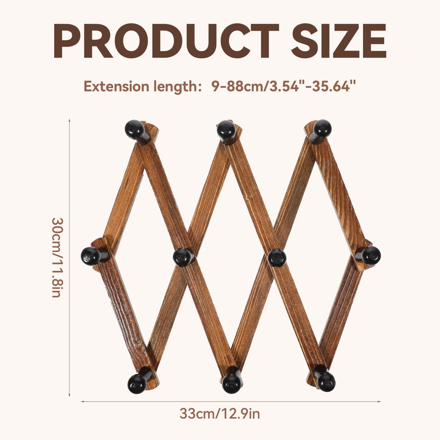 simarro 4 Pcs Accordion Wall Hanger, Expandable Coat Rack Wooden Hat Rack Including 10 Peg Hooks, X Shape Wall Mount Hat Holder for Hats Coat Scarf Jackets Purses