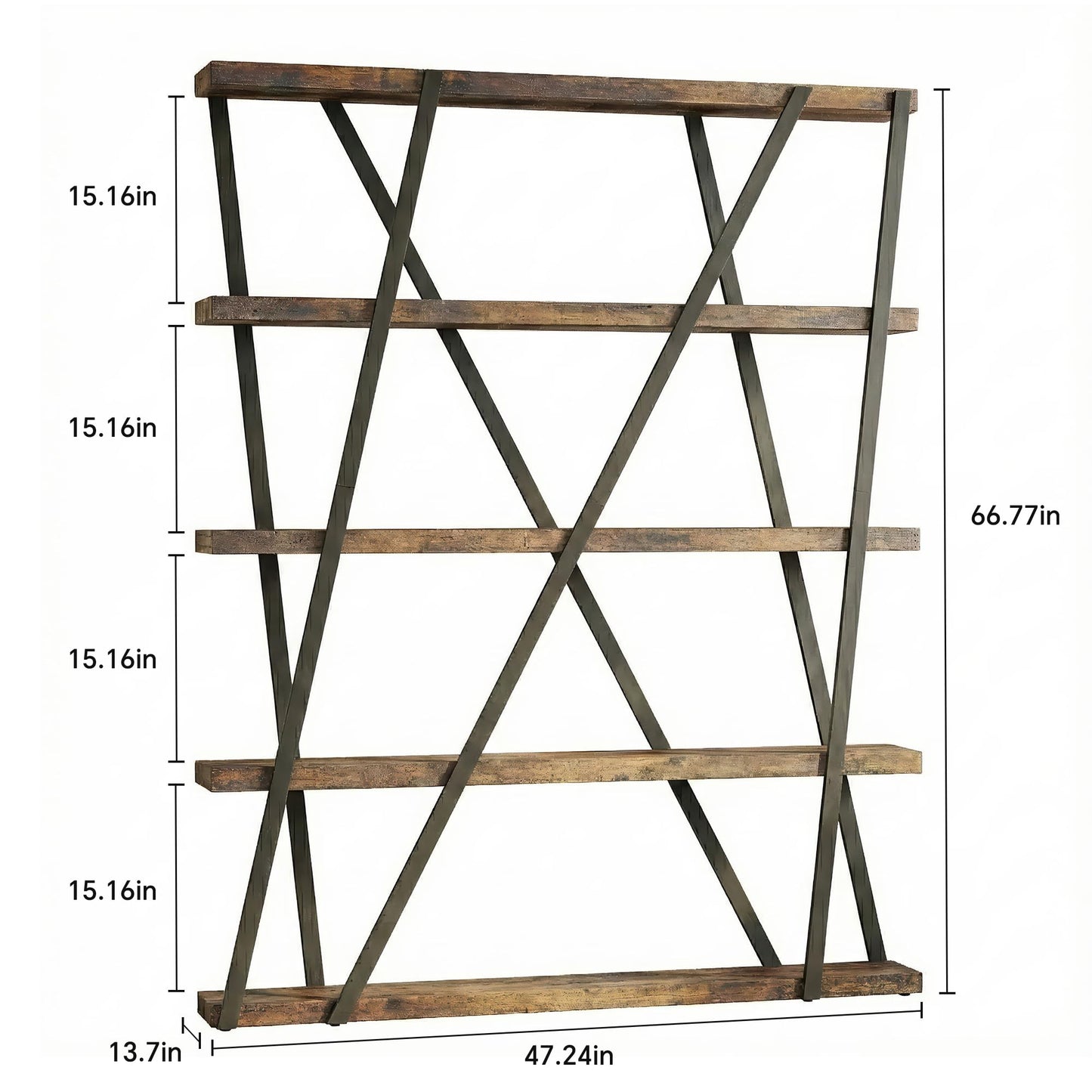 FUSUNBAO 67" 5-Tier Wood & Metal Tall Bookshelf for Home Office,Retro Brown