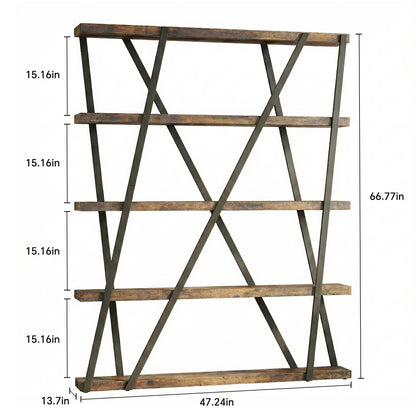 FUSUNBAO 67" 5-Tier Wood & Metal Tall Bookshelf for Home Office,Retro Brown