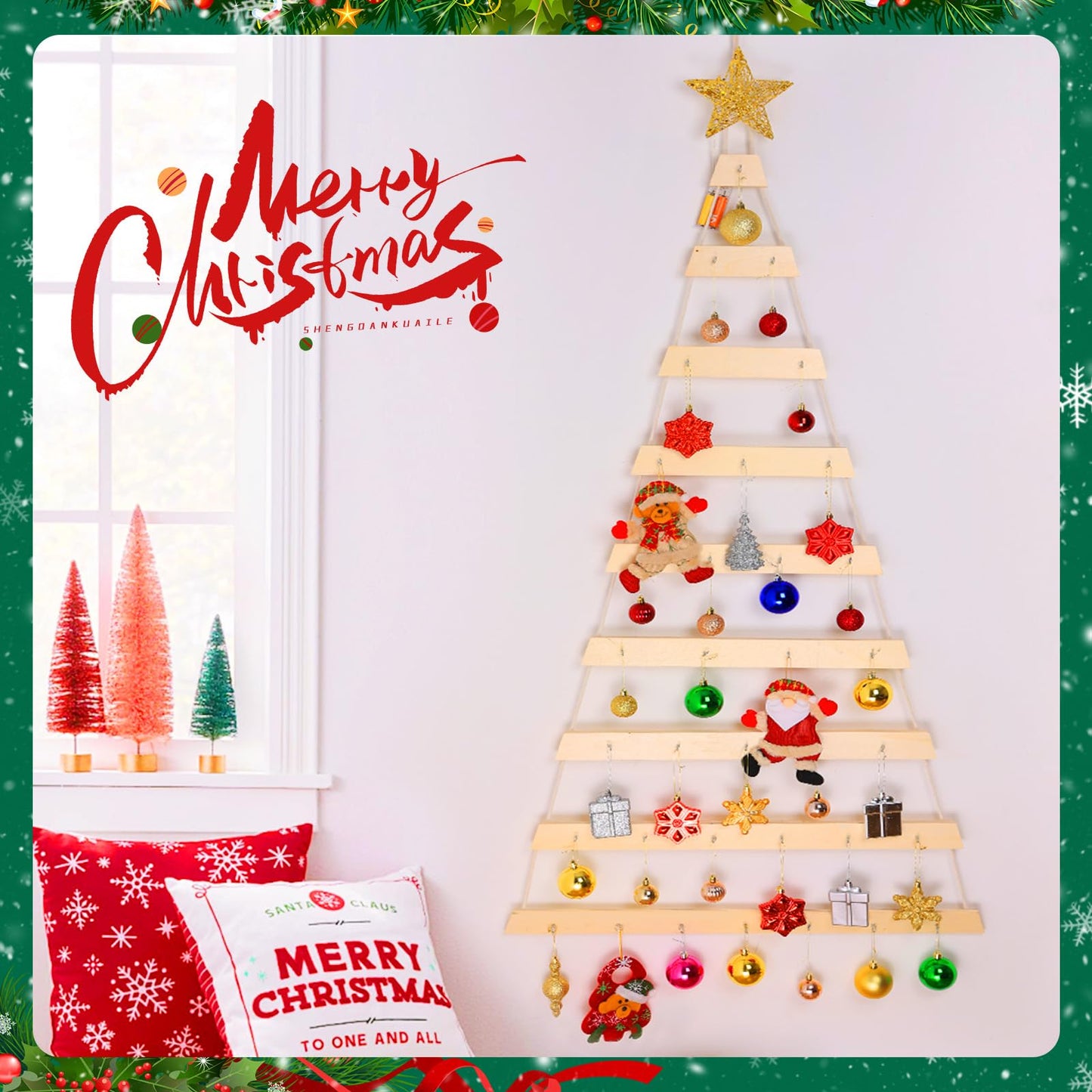 VAIPI 60 in Wall Hanging Christmas Tree with Lighted Christmas Wall Decor Wooden Flat Hanging Xmas Tree for Holiday 60'' x 30''