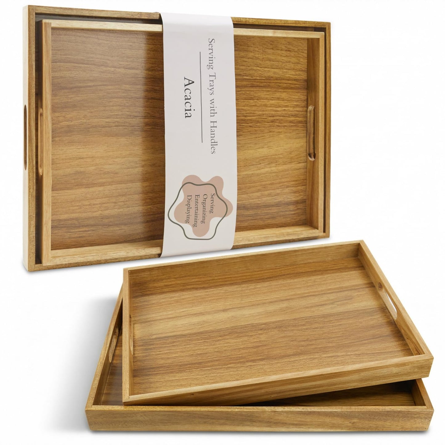Serving Tray with Handles, Acacia Wood Serving Platters, Set of 2 Rustic Decorative Storage Tray for Coffee Table, Party, Ottoman, Kitchen, Bedroom, Bathroom, Ideal Housewarming Gift