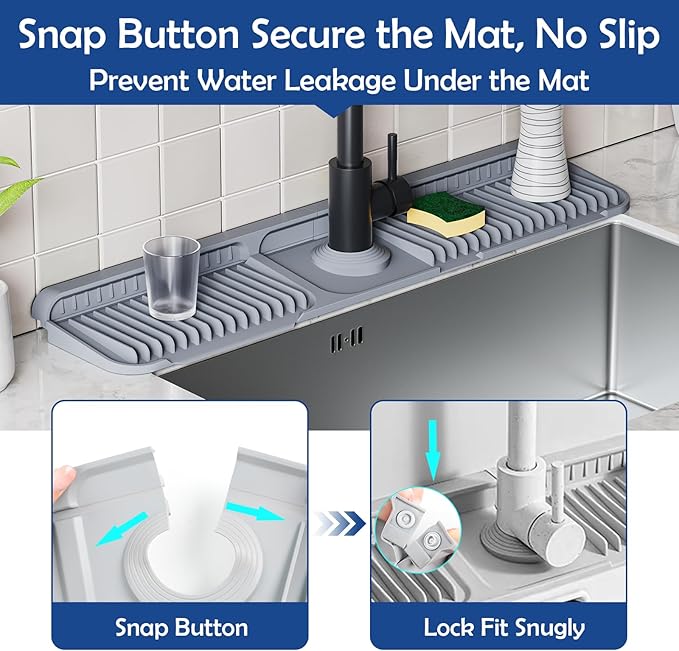 24"Longer Silicone Faucet Mat For Kitchen Sink Splash Guard -7° Slope Snap