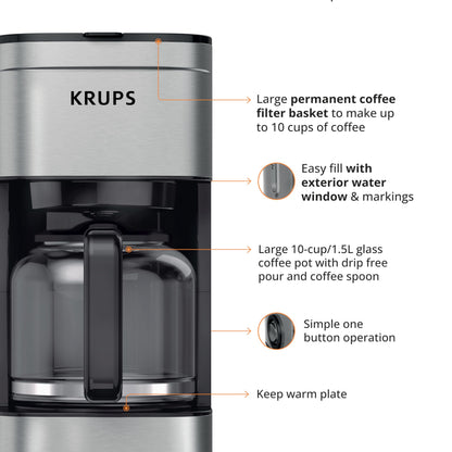 KRUPS Coffee Maker 10 Cups Simply Brew Stainless Steel Drip Coffee Maker, 900 Watts Coffee Filter, Drip Free, Dishwasher Safe Pot , Black & Silver