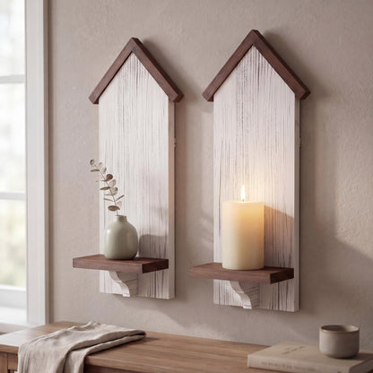 Xuhal 2 Pcs Farmhouse Candle Sconces Wall Decor Rustic Wooden Candle Holders Distressed White Candles Sconces Farmhouse Hanging Wall Decoration for Fireplace Mantel Aisle Display Shelves