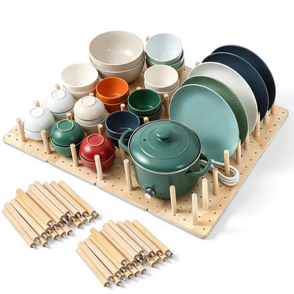 Oqqlin 4 Pcs Pegboard Drawer Organizer with 48 Pegs, 20.98x5.91 Inch Wooden Peg Board Kitchen Plate Organizer for Drawer Pegboard Storage Rack with Adjustable Peg for Tableware, Plate, Bowl, Cookware