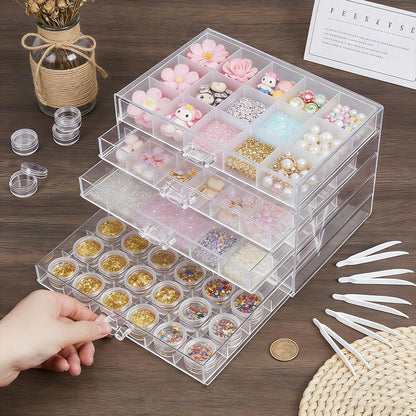 TWINKLEMON 5-Layer Plastic Compartment Storage Box Nail Charm Organizer Box with 5 Drawers 72 Small Round Jars 5 Tweezers Transparent Organizer for Crafts Art Supply Nail Tip Bead Earring Ring